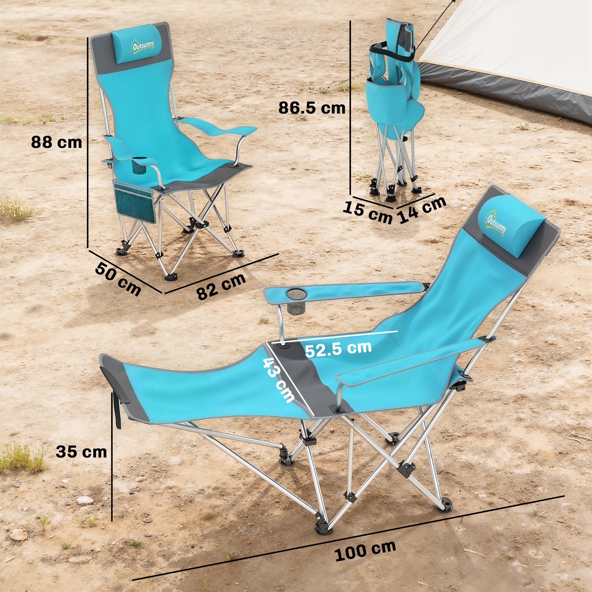 Outsunny Set of 2 Reclining Folding Camping Chair w/ Detachable Footrest, Storage Bag, Cup Holder & Headrest, Blue and Grey 