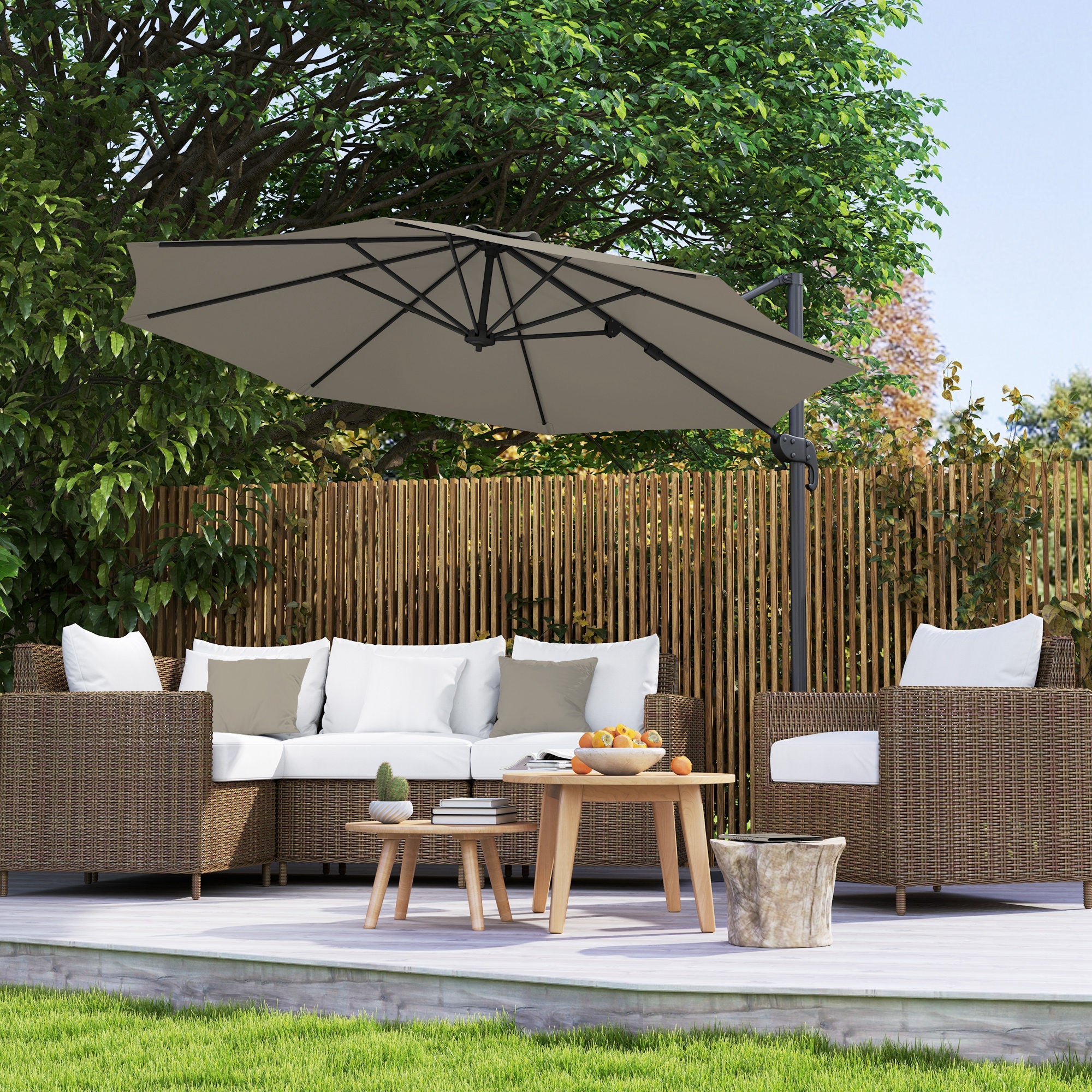 Outsunny 3 x 3(m) Cantilever Parasol with Cross Base, Garden Umbrella with 360° Rotation, Crank Handle and Tilt for Outdoor, Light Grey 