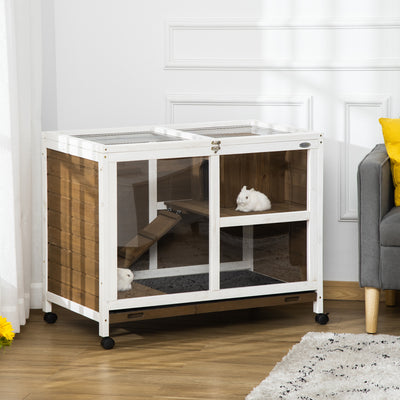 PawHut Wooden Rabbit Hutch, Bunny Cage w/ Tray, Ramp, Openable Roof, Wheels, 91.5 x 53.3 x 73cm - Brown 