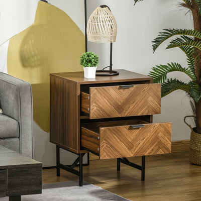 HOMCOM Bedside Table with Two Drawers, Side Cabinet Storage Unit with Metal Handles, Organisation Furniture for Living Room, Bedroom, Walnut Brown 