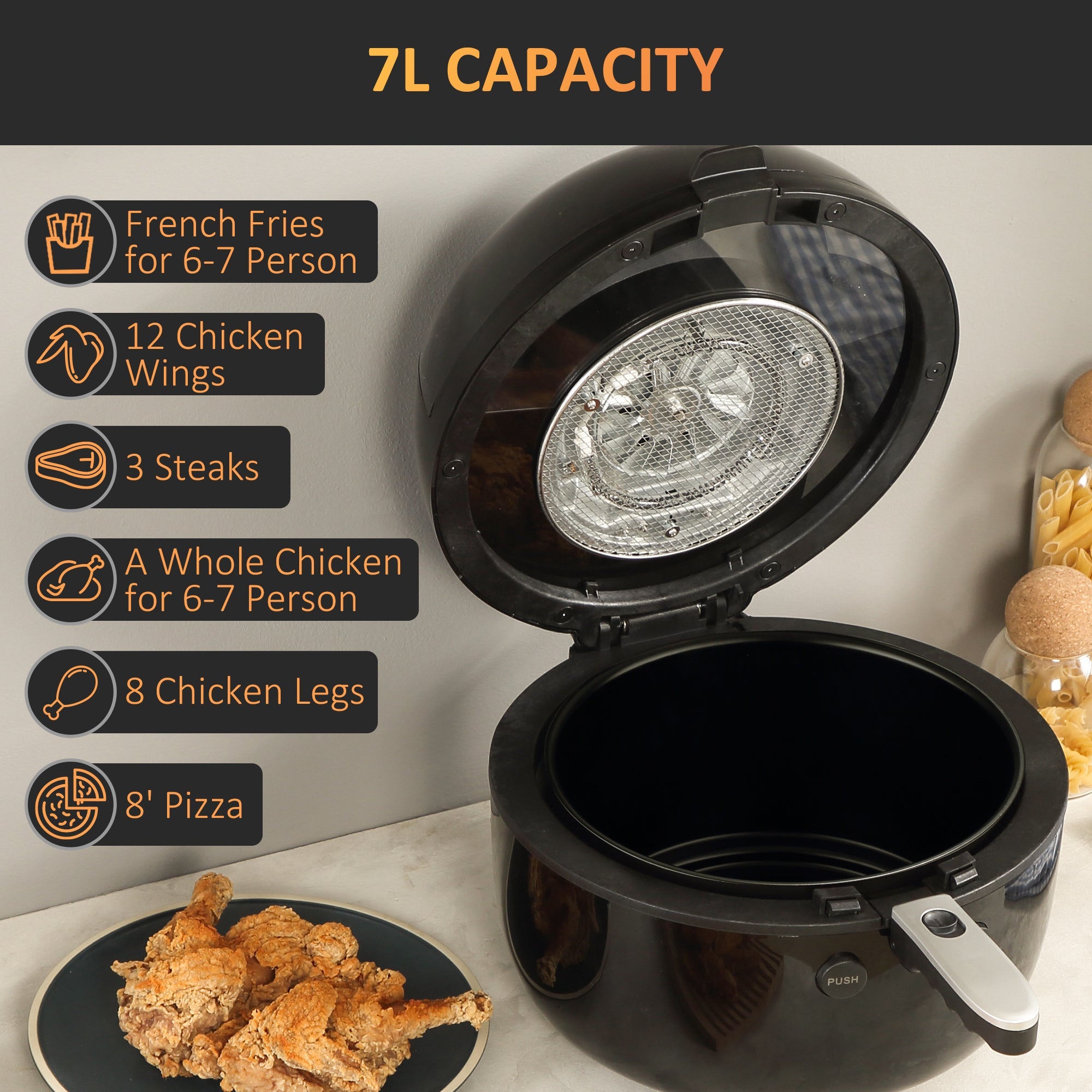 HOMCOM 7L Family Size Digital Air Fryer Oven with Air Fry, Roast, Broil, Bake, Dehydrate, 8 Presets, Rapid Air Circulation, Timer, Preheat, Non-stick Basket, Inner Light for Oil Free & Low Fat, 1500W 