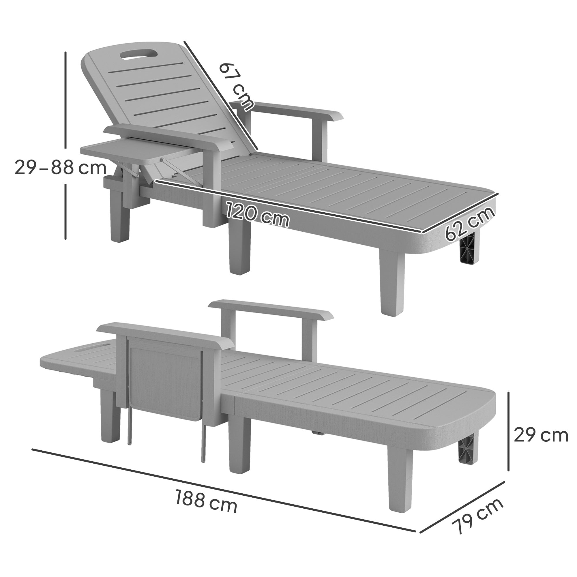 Outsunny Set of 2 Resin Reclining Sun Loungers for Garden, 5 Positions Adjustable Outdoor Chaise Lounge Chairs with Wood Texture Surface, Armrests, Foldable Side Table for Garden, Beach, Light Grey 