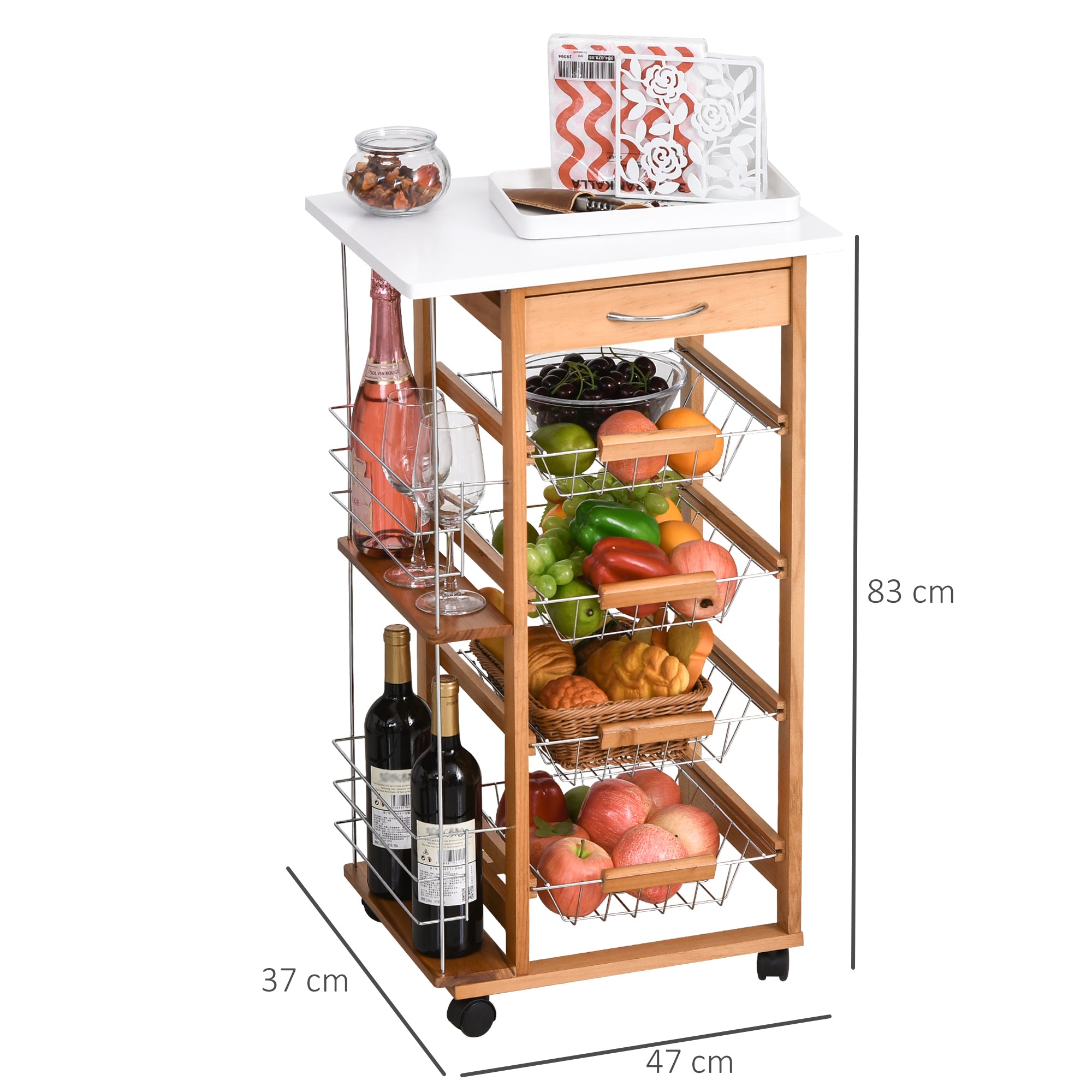 HOMCOM Rolling Kitchen Cart, Utility Storage Cart with 4 Basket Drawers & Side Racks, Wheels for Dining Room, Brown 