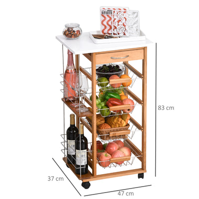 HOMCOM Rolling Kitchen Cart, Utility Storage Cart with 4 Basket Drawers & Side Racks, Wheels for Dining Room, Brown 