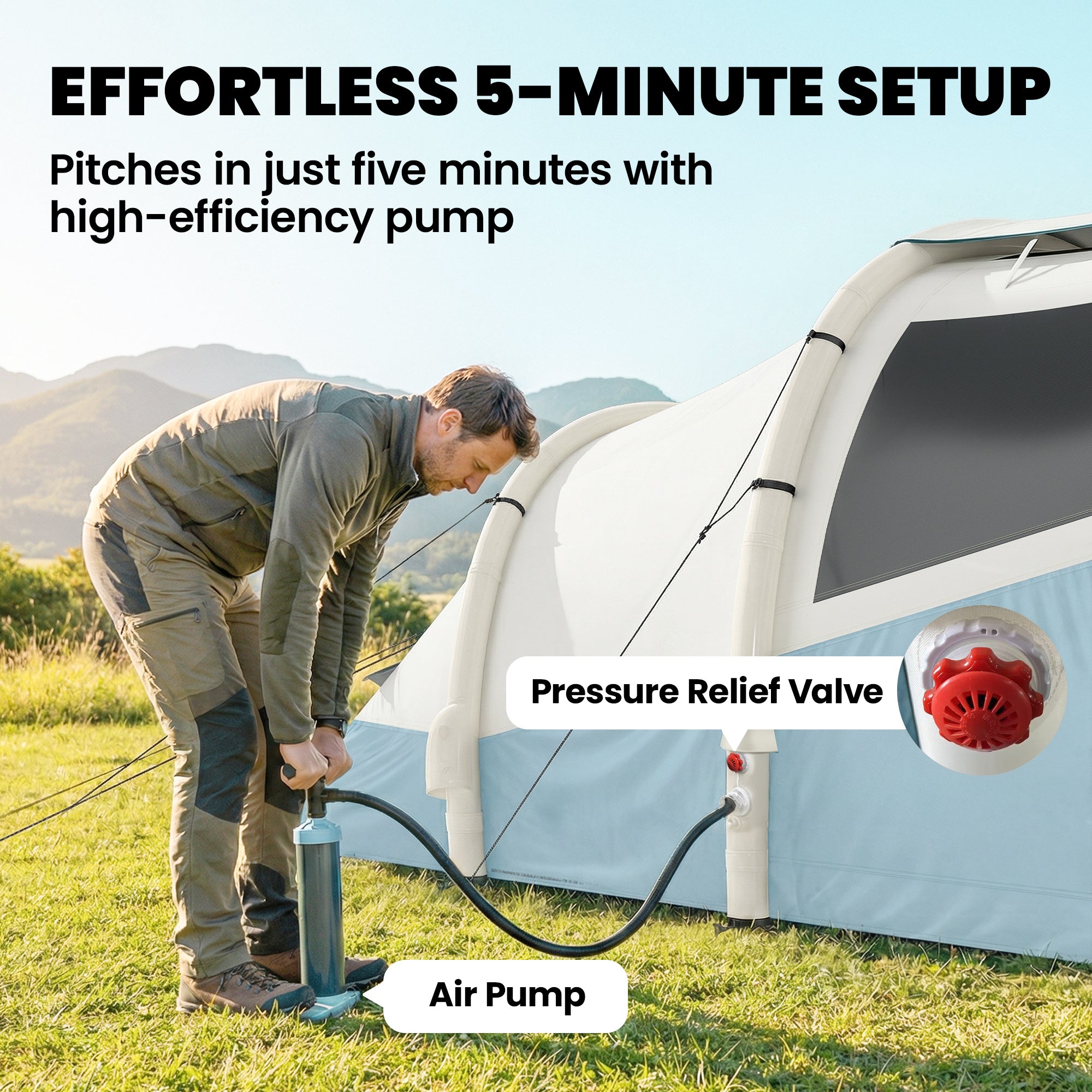 Outsunny Inflatable Camping Tent w/ Air Pump, Easy Setup 2-3 Person Blow Up Tent, Light Blue 