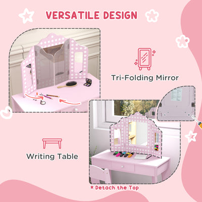 AIYAPLAY Kids Dressing Table Sets with Stool and Tri-Fold Mirror, Drawer for Playroom, Bedroom - Pink 