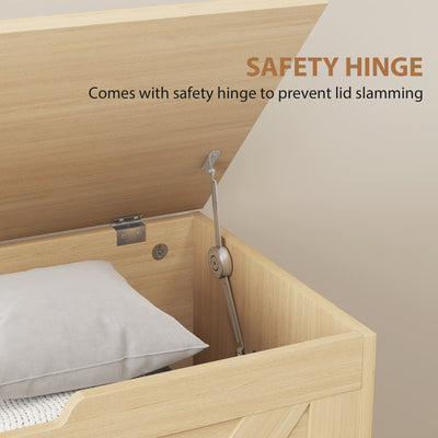 HOMCOM 100L Home Storage Box, with Safety Hinges - Natural Wood Finish 