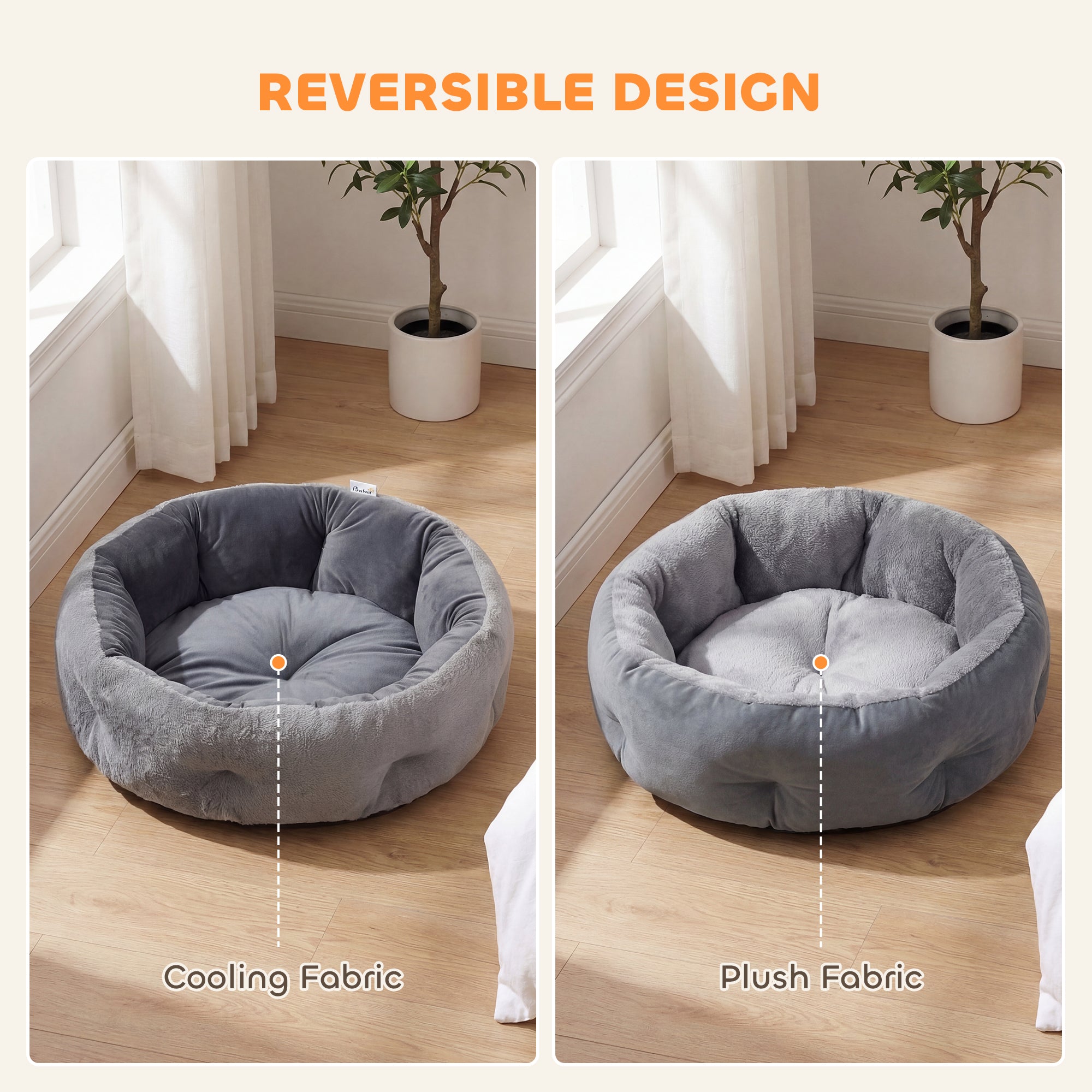 PawHut Cat Bed, Reversible Dog Pet Bed for Indoor Cats and Small Dogs, Round Bed with Supportive Bolster, Dark Grey 