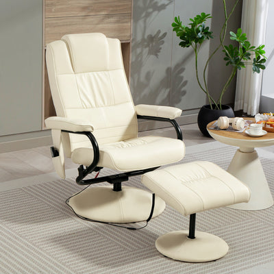 HOMCOM Swivel Recliner Chair and Footstool, Faux Leather Massage Recliner Armchair with Remote Control and Round Wrapped Base, Cream White 