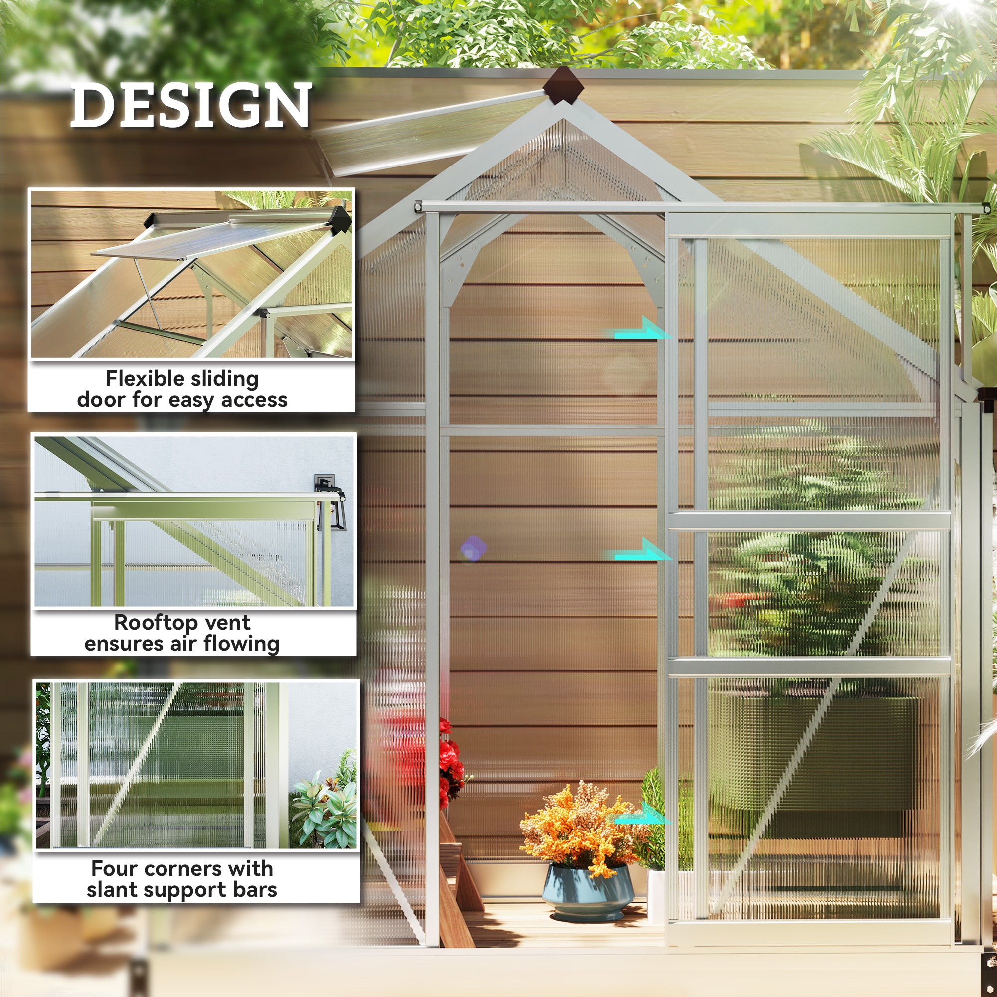 Outsunny Polycarbonate Greenhouse, Large Walk-In Green House with Slide Door and Window, Aluminium Frame, 6x4ft, Silver Tone 
