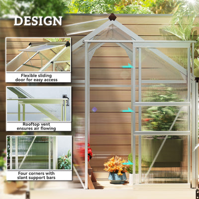 Outsunny Polycarbonate Greenhouse, Large Walk-In Green House with Slide Door and Window, Aluminium Frame, 6x4ft, Silver Tone 