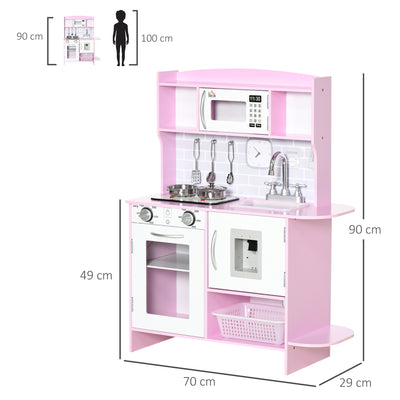 HOMCOM Kids Kitchen Playset, with Lights, Sounds, Microwave, Sink and Storage - Pink 