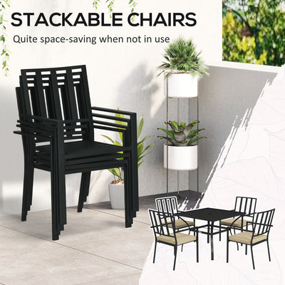 Outsunny 5 Pieces Garden Dining Set with Cushions, Outdoor Patio Table and 4 Stackable Chairs, Metal Top Table with Umbrella Hole, Black 