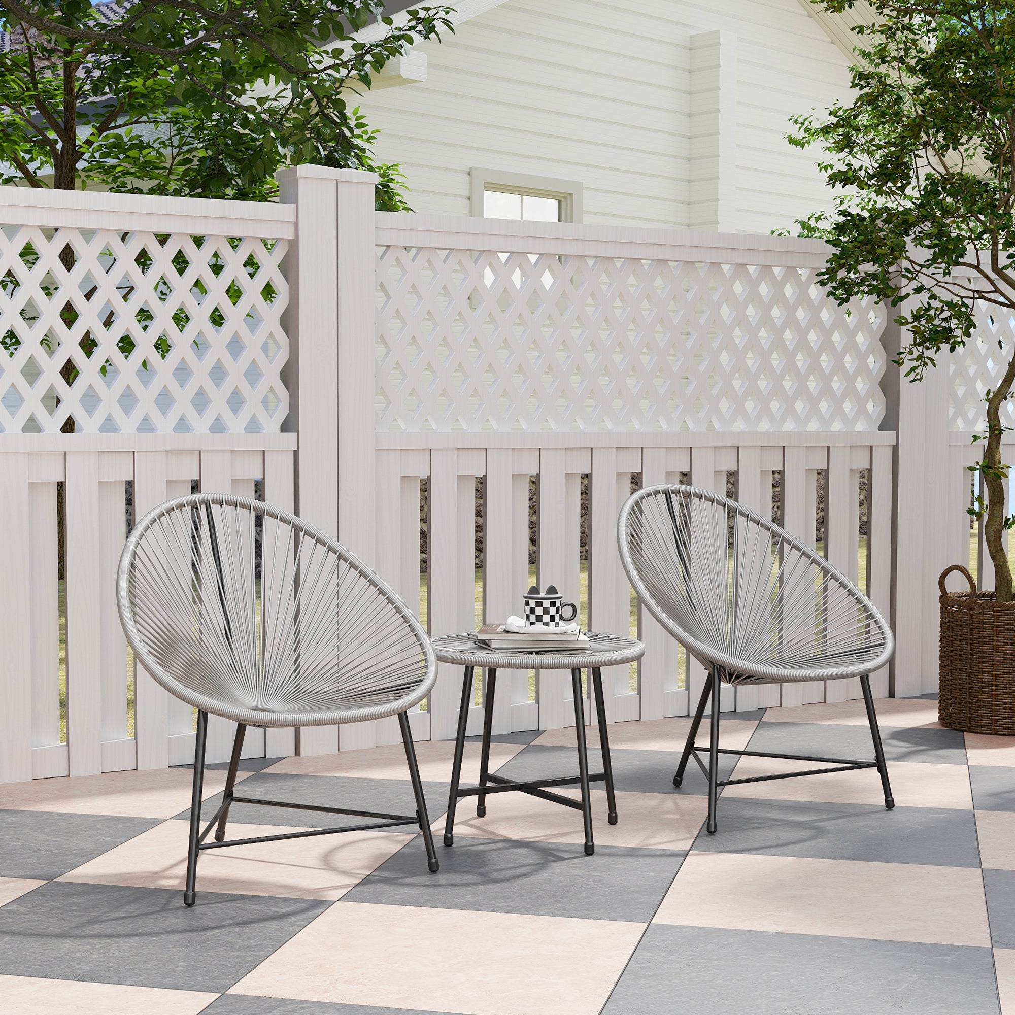 Outsunny 3 Pieces Rattan Bistro Set, Garden Bistro Set with Acapulco Chairs and Glass Top Table, Small Garden Furniture Set with Reinforced Metal Frame for Outdoor, Patio, Balcony, Grey 