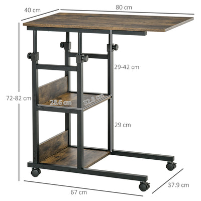 HOMCOM C-Shaped Side Table Industrial Mobile Rolling End Desk with 3-Tier Storage Shelving, Adjustable Height, Wheels 