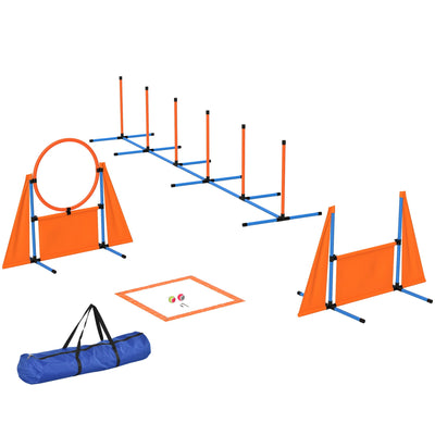 PawHut 6 Pieces Dog Agility Equipment Set with Weave Poles, Jump Ring and Hurdle, Pause Box and Carry Bag, Orange 