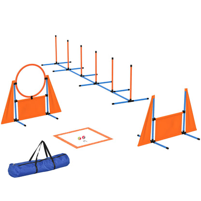 PawHut 6 Pieces Dog Agility Equipment Set with Weave Poles, Jump Ring and Hurdle, Pause Box and Carry Bag, Orange 