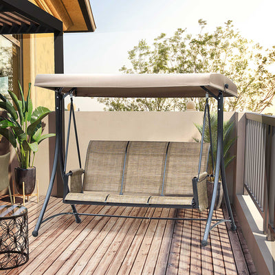 Outsunny 3 Seater Garden Swing Seat Outdoor Swing Chair with High Back Design, Steel Frame, Side Pouches, Adjustable Canopy, Brown 