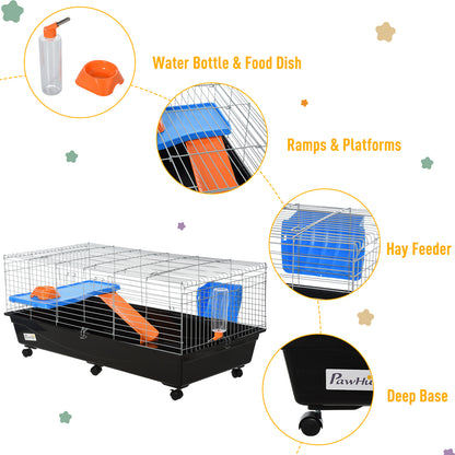 PawHut Small Animal Cage Rabbit Guinea Pigs Chinchillas Cage w/ Wheels Water Bottle Food Dish Platform Ramp 119 x 59 x 50 cm Black 