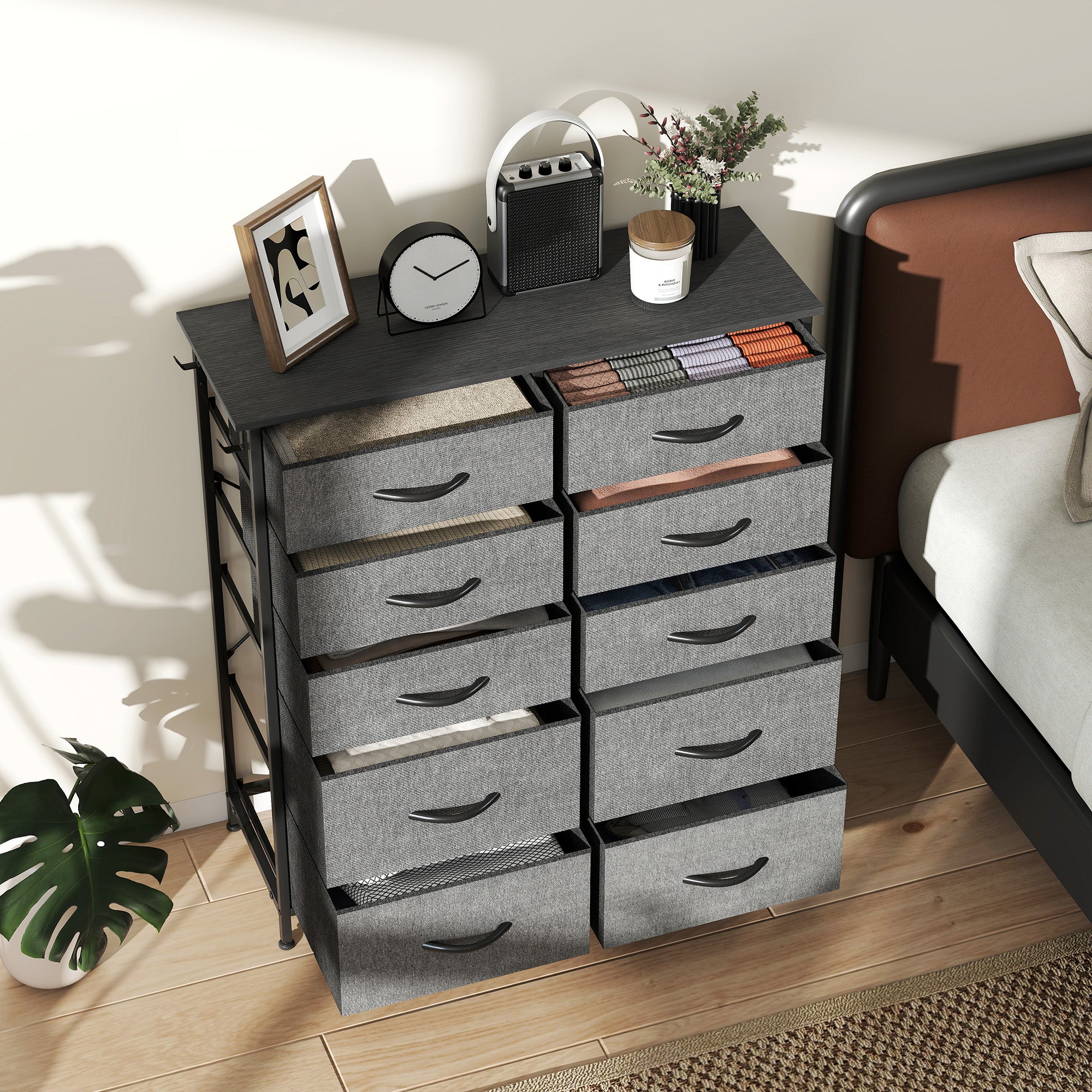 HOMCOM Chest of Ten Fabric Drawers - Charcoal Grey