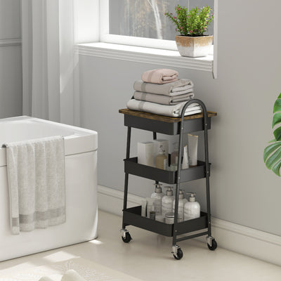 HOMCOM 3-Tier Kitchen Storage Trolley with on Wheels Cover Top Board - Rustic Brown and Black 