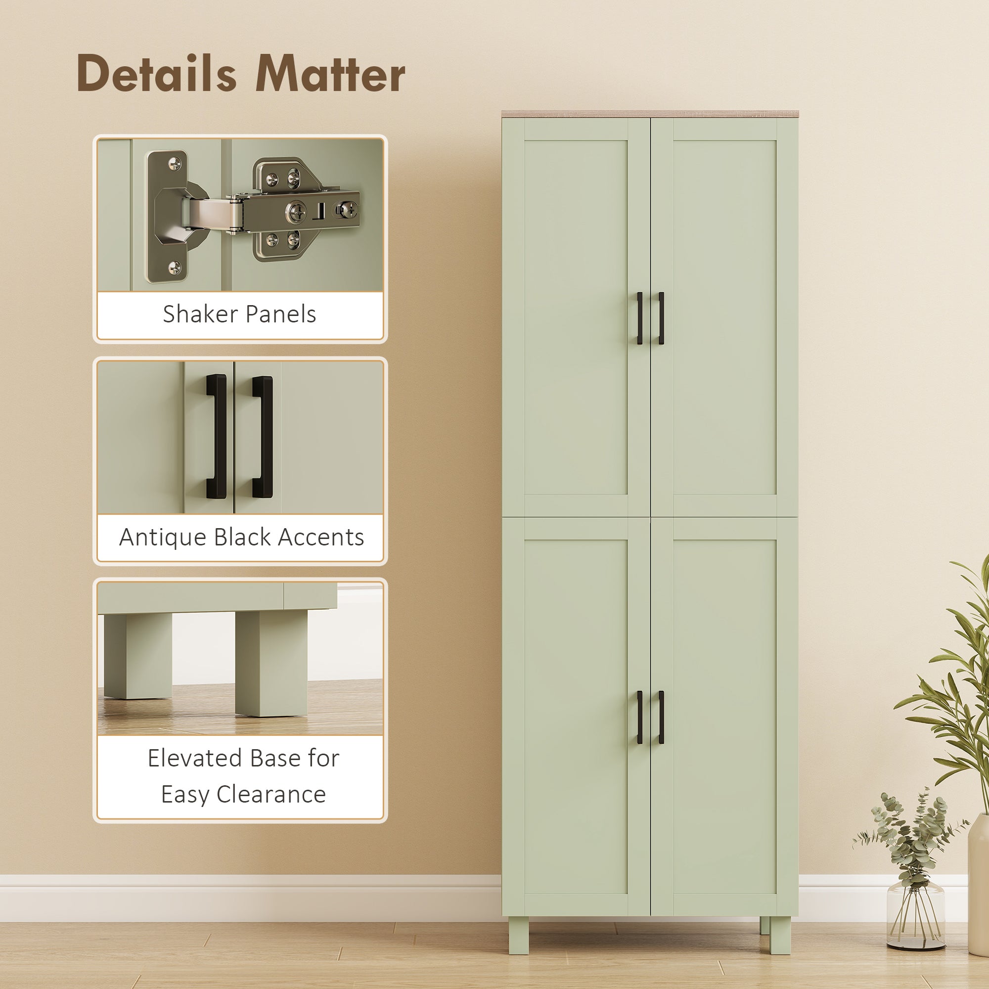 HOMCOM Freestanding Kitchen Cupboard, 4-Door Storage Cabinet with Adjustable Shelves, Modern Kitchen Pantry, 170cm, Green 