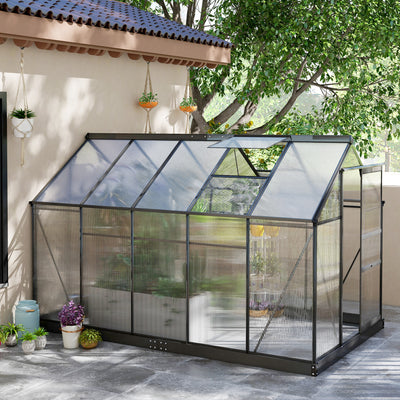 Outsunny 6 x 10ft Polycarbonate Greenhouse, Large Walk-In Green House with Slide Door and Window, Garden Plants Grow House with Aluminium Frame and Foundation, Grey 