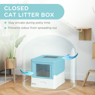 PawHut Hooded Cat Litter Box, Portable Pet Toilet, with Scoop, Front Entry - Light Blue 
