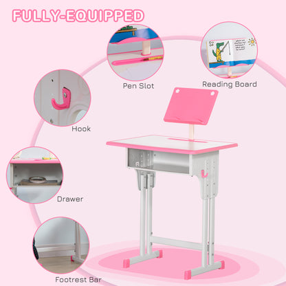 HOMCOM Kids Adjustable Desk and Chair Set, Book Stand, Pen Slot - Pink 