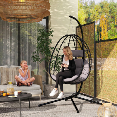 Outsunny Hanging Egg Chair Outdoor Indoor Garden Swing Chair with Folding Basket, Thickened Cushion, Garden Hanging Chair with Stand, Headrest for Patio, Balcony, Grey 