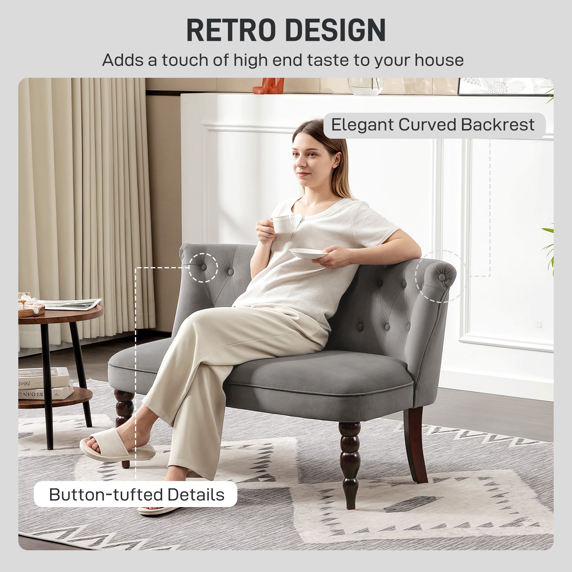 HOMCOM Velvet 2 Seater Sofa, Button Tufted Wingback Loveseat with Rubber Wood Legs for Living Room, Bedroom, Charcoal Grey