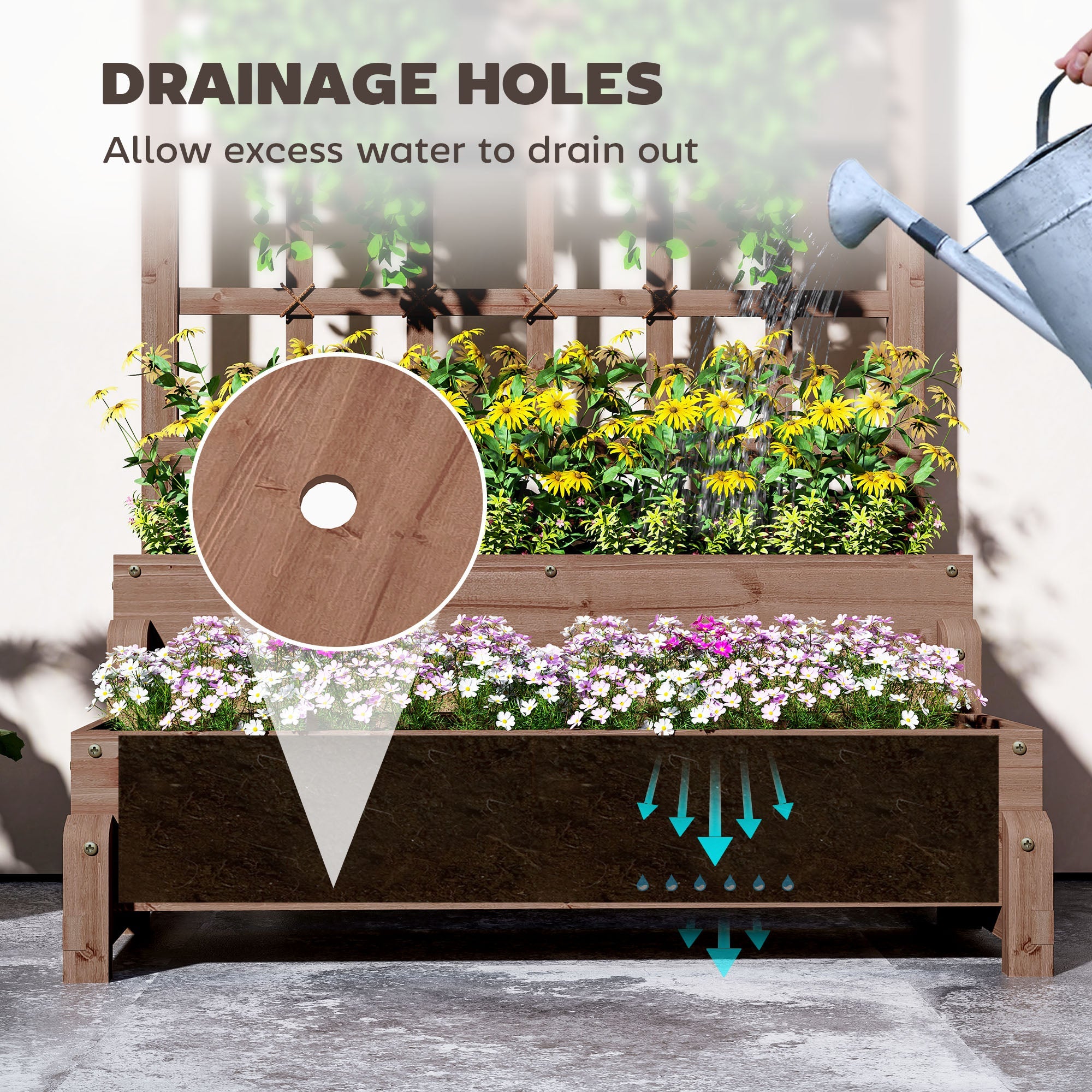 Outsunny 2-Tier Raised Garden Bed with Trellis, Wooden Elevated Planter Box with Drainage Holes, Outdoor Raised Planter for Climbing Plants, Fruits, Vegetables, Flowers, Brown 