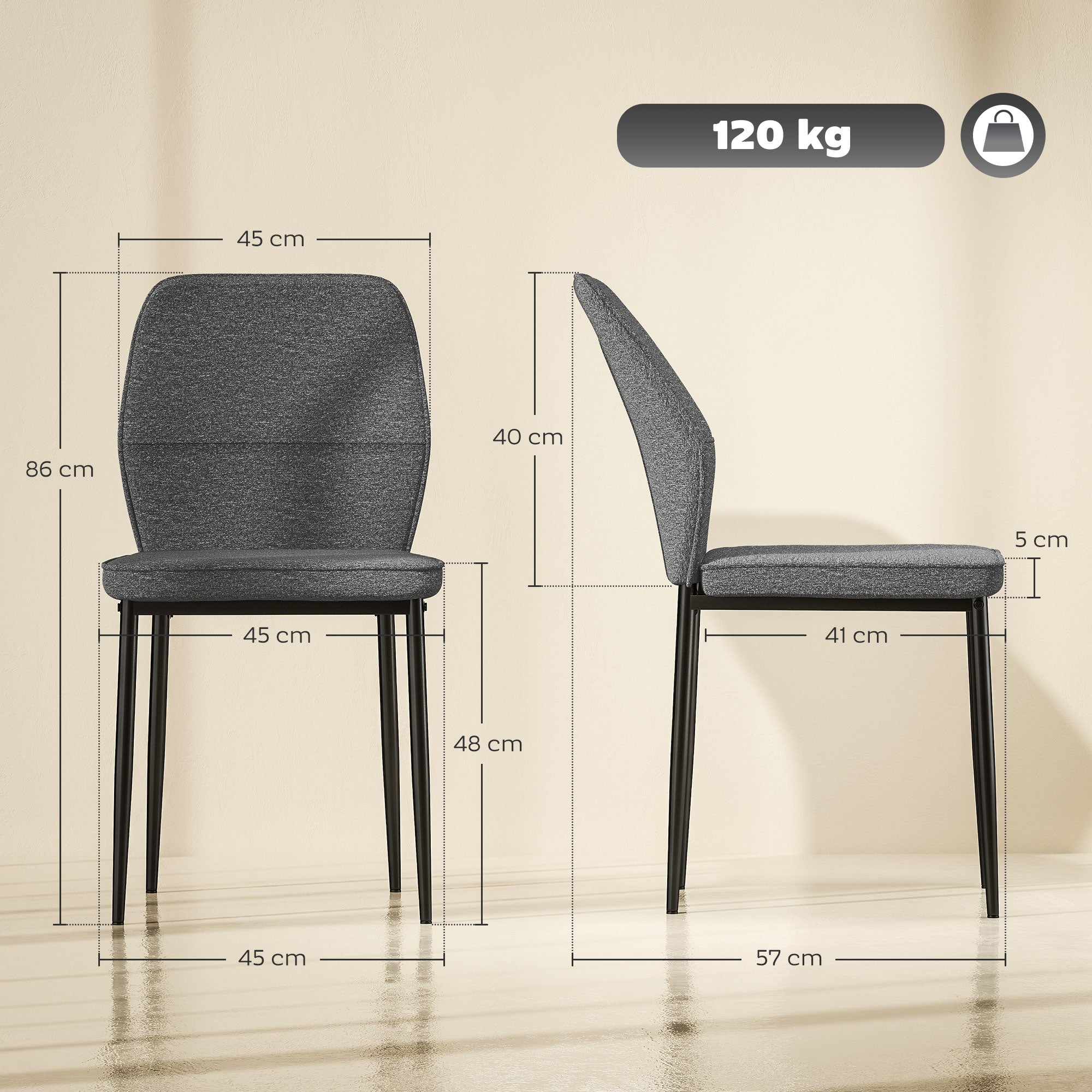 HOMCOM Velvet Dining Chairs Set of 2, Modern Upholstered Kitchen Chairs with Metal Legs, Curved Back and Padded Seat, Armless Side Chairs for Dining Room, Bedroom, Living Room, Grey
