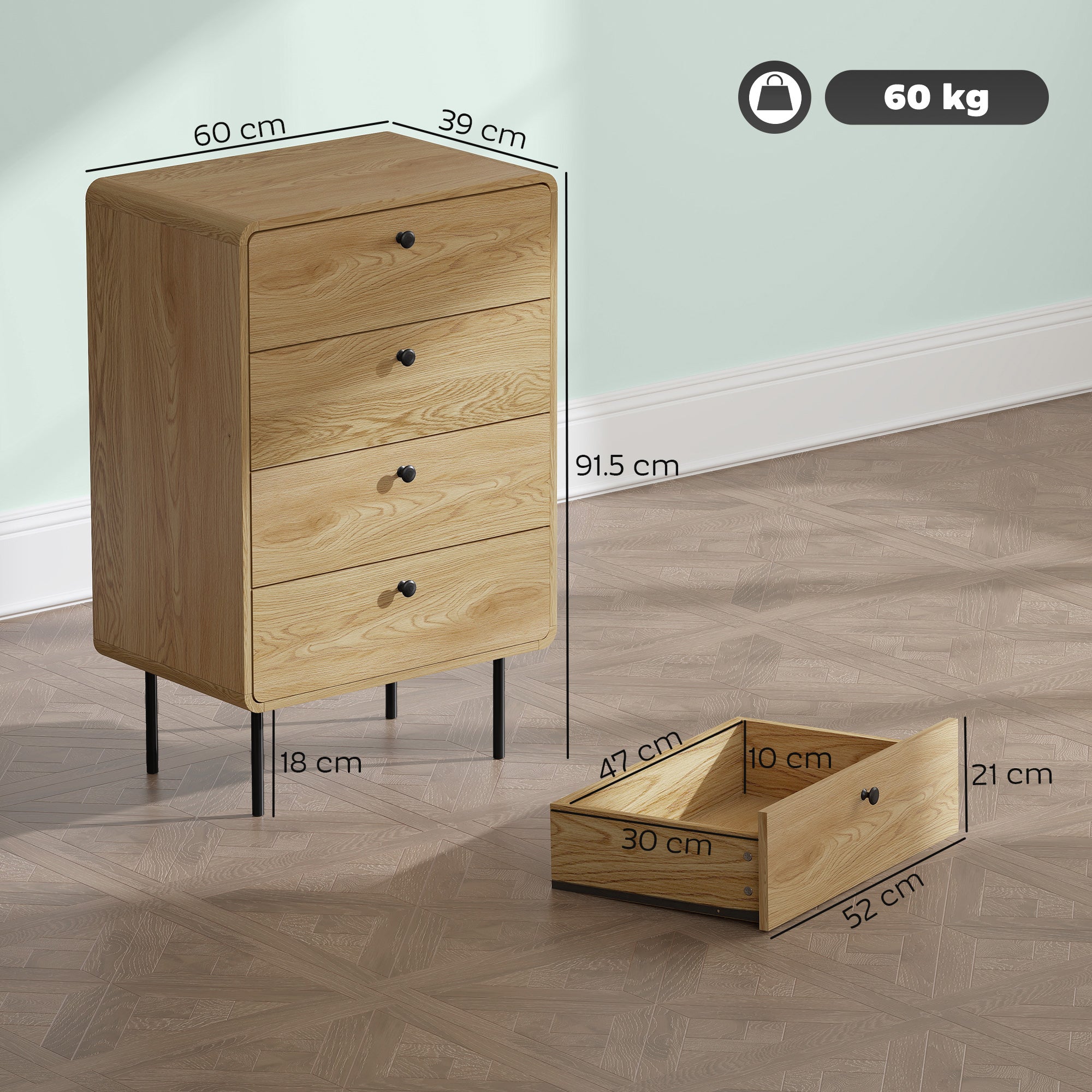 HOMCOM Modern Chest of Drawers with 4 Drawers - Oak 