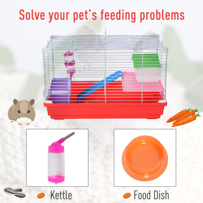 PawHut Hamster Cage, Small Gerbil Cage 2 Tiers Portable w/ Handle, Exercise Wheel, Water Bottle, Dishes 