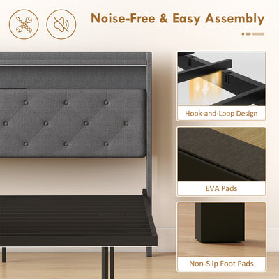 HOMCOM Floating Bed Frame, Upholstered 4ft6 Double Size Bed, Platform Bed with RGB LED Lights and Charging Station, Grey 