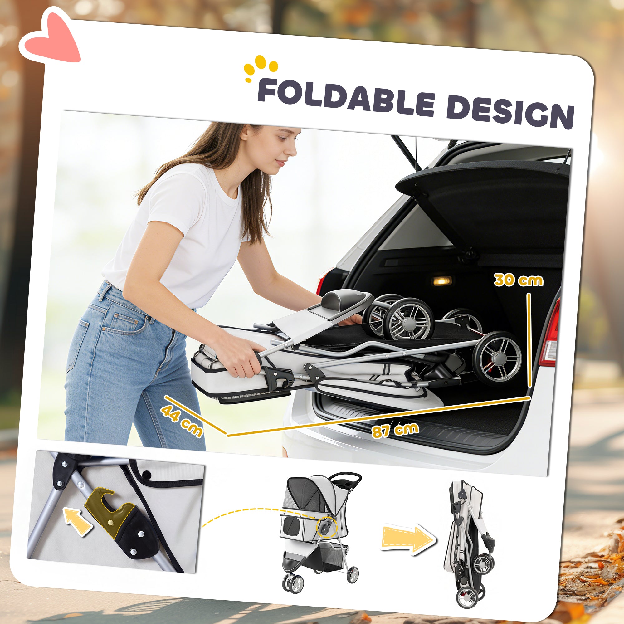 PawHut Dog Stroller, 3 Wheels Foldable Pet Stroller with Adjustable Canopy, Storage Basket for Small Mini Breeds, Grey 