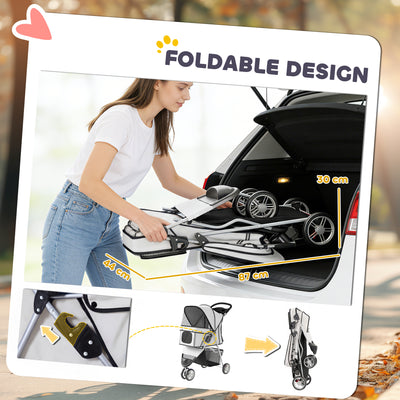 PawHut Dog Stroller, 3 Wheels Foldable Pet Stroller with Adjustable Canopy, Storage Basket for Small Mini Breeds, Grey 