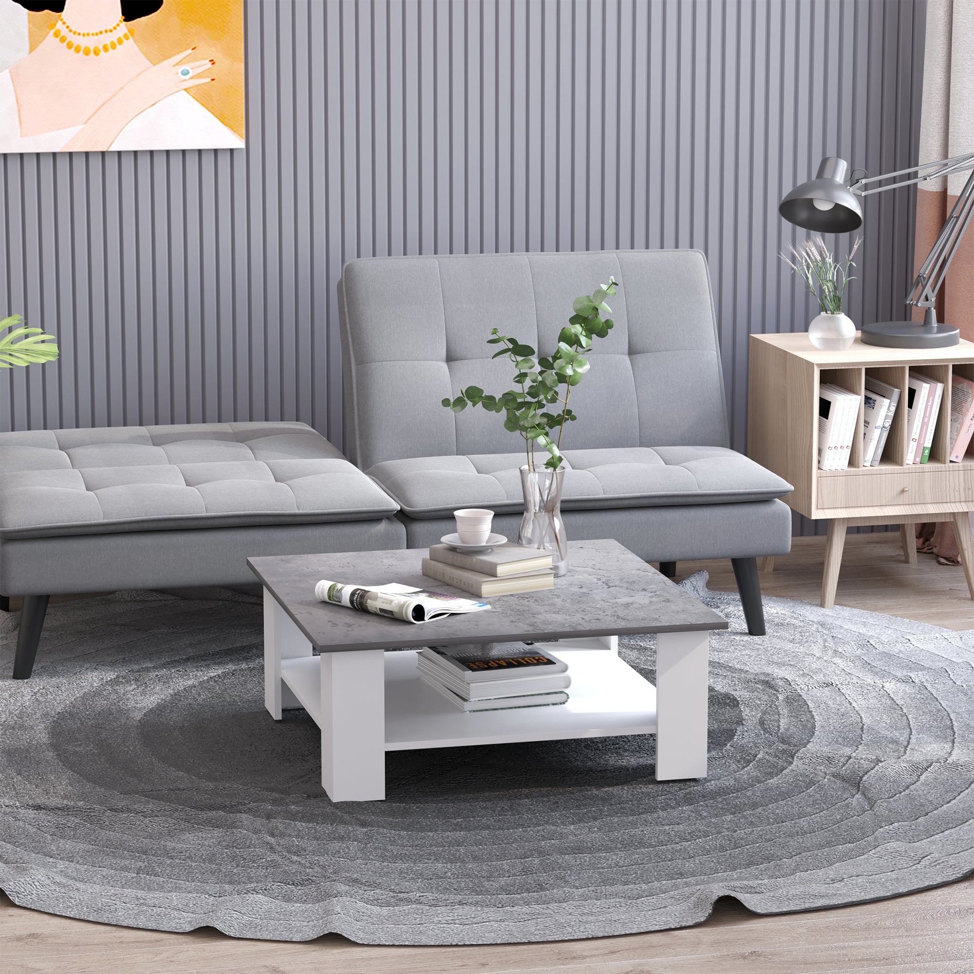 HOMCOM Square Coffee Table, Wooden Coffee Table with Storage, Cocktail Center Tea Table for Home Office, 80W x 80D x 31.5Hcm, Grey and White 