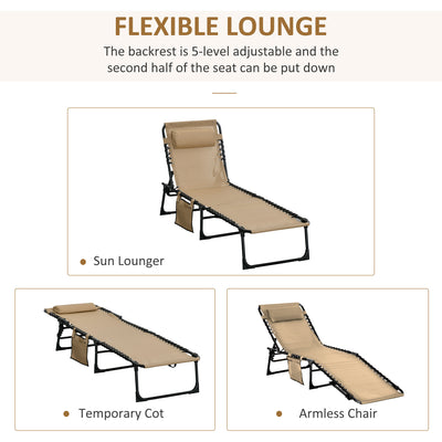 Outsunny Portable Sun Lounger, Folding Camping Bed Cot, Reclining Lounge Chair 5-position Adjustable Backrest with Side Pocket, Pillow for Patio Garden Beach Pool, Beige 