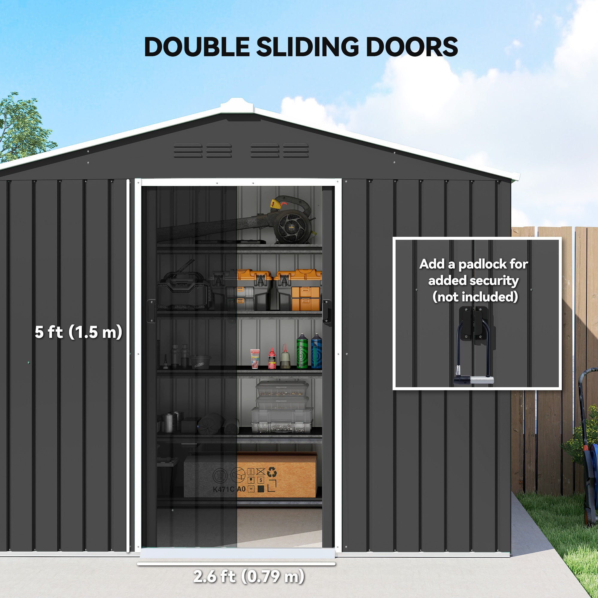 Outsunny 8 x 6ft Galvanised Steel Shed, with Double Door - Dark Grey 