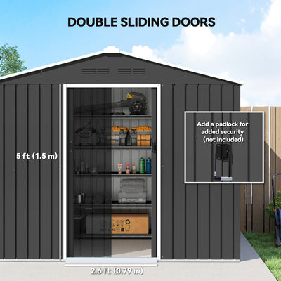 Outsunny 8 x 6ft Galvanised Steel Shed, with Double Door - Dark Grey 