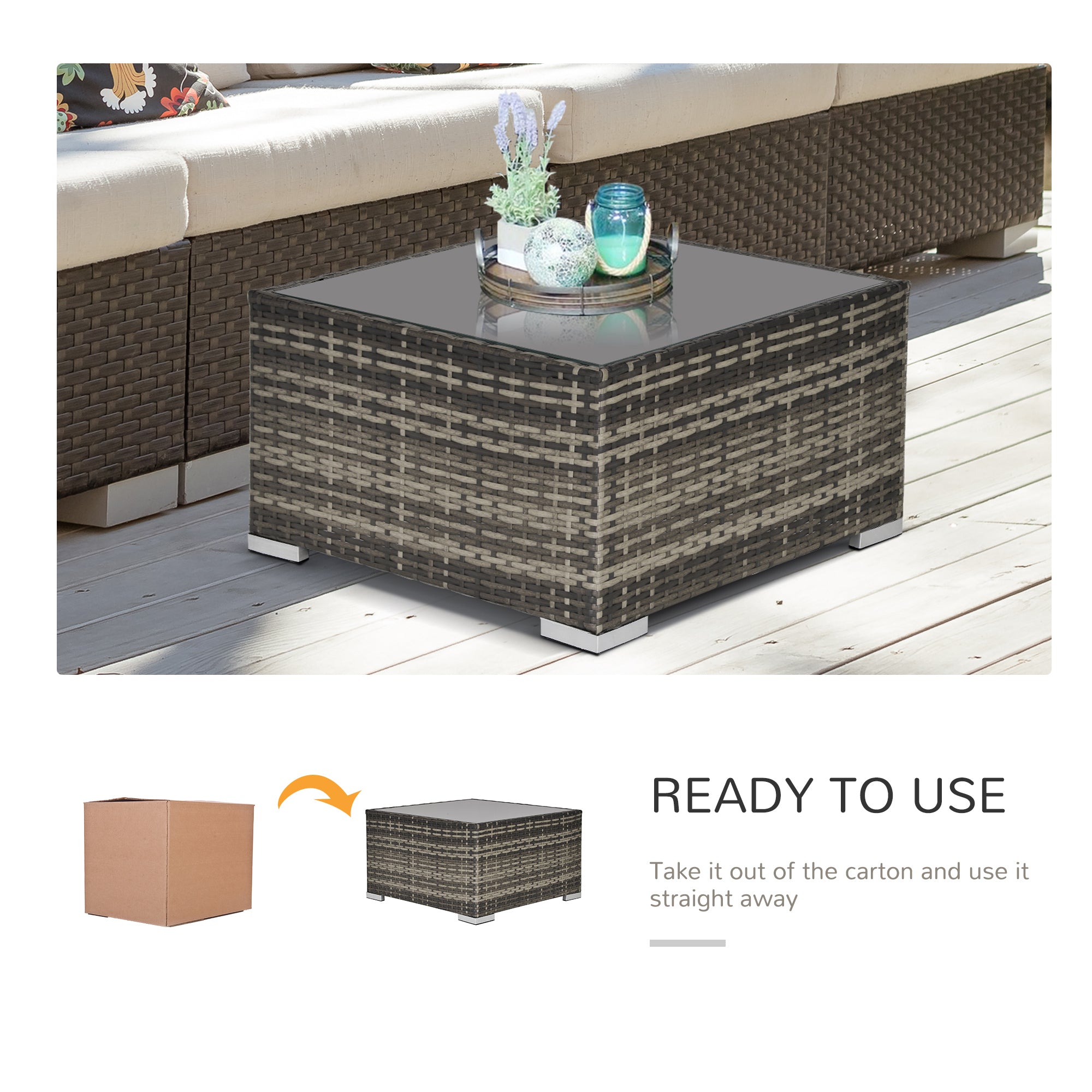 Outsunny Square PE Wicker Rattan Table with Glass Top - Dark Grey 