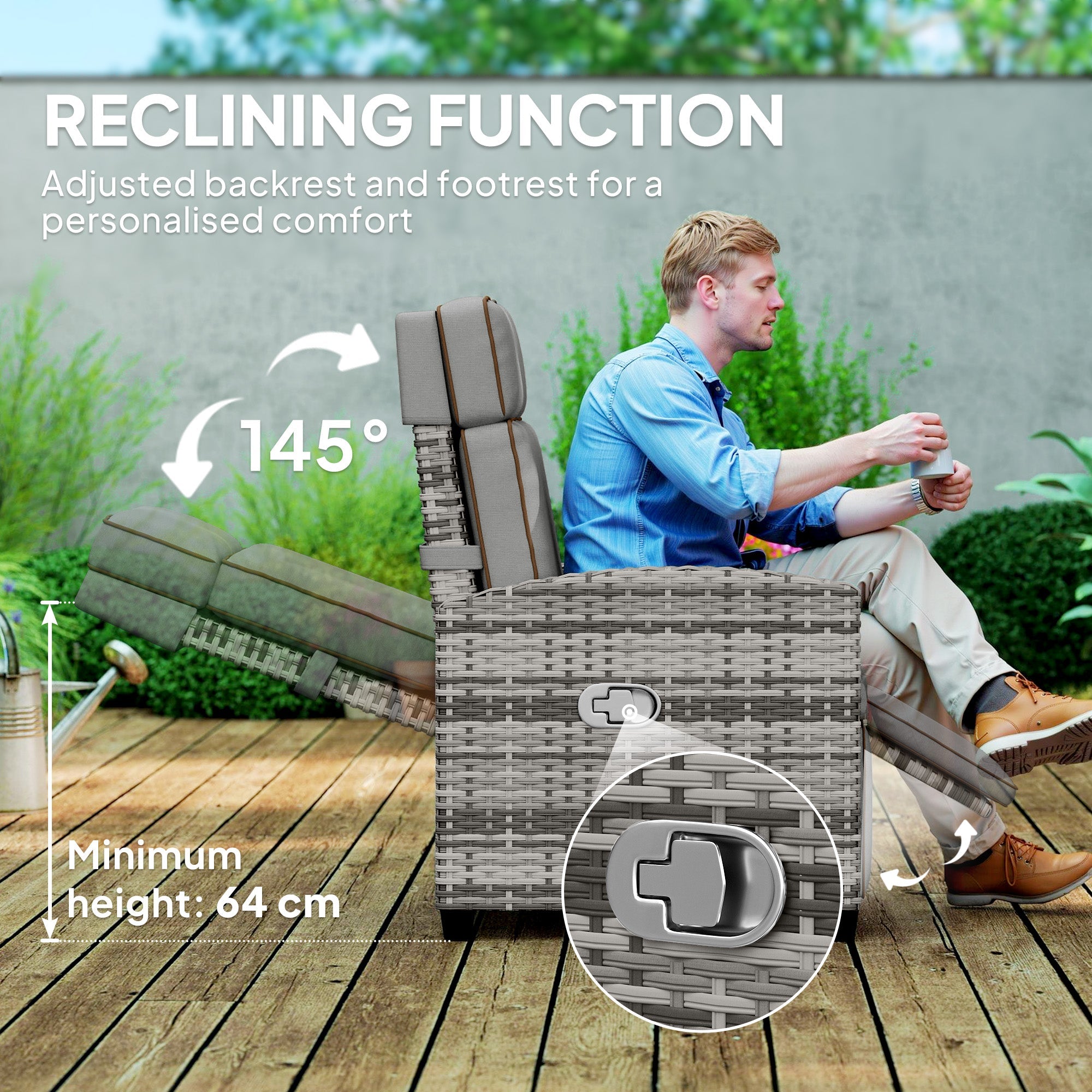 Outsunny Rattan Garden Recliner Chair, Adjustable Backrest Reclining Rattan Chair with Flip Table, Cushion and Footrest, Indoor Outdoor Lounge Reclining Sun Lounger for Patio, Mixed Grey/Grey 