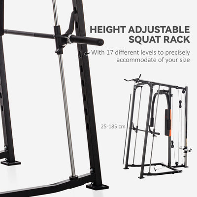 SPORTNOW 3 In 1 Smith Machine with Dual Cable Pulley System, Chest Press Station, 17-Level Squat Rack and Barbell Bar 