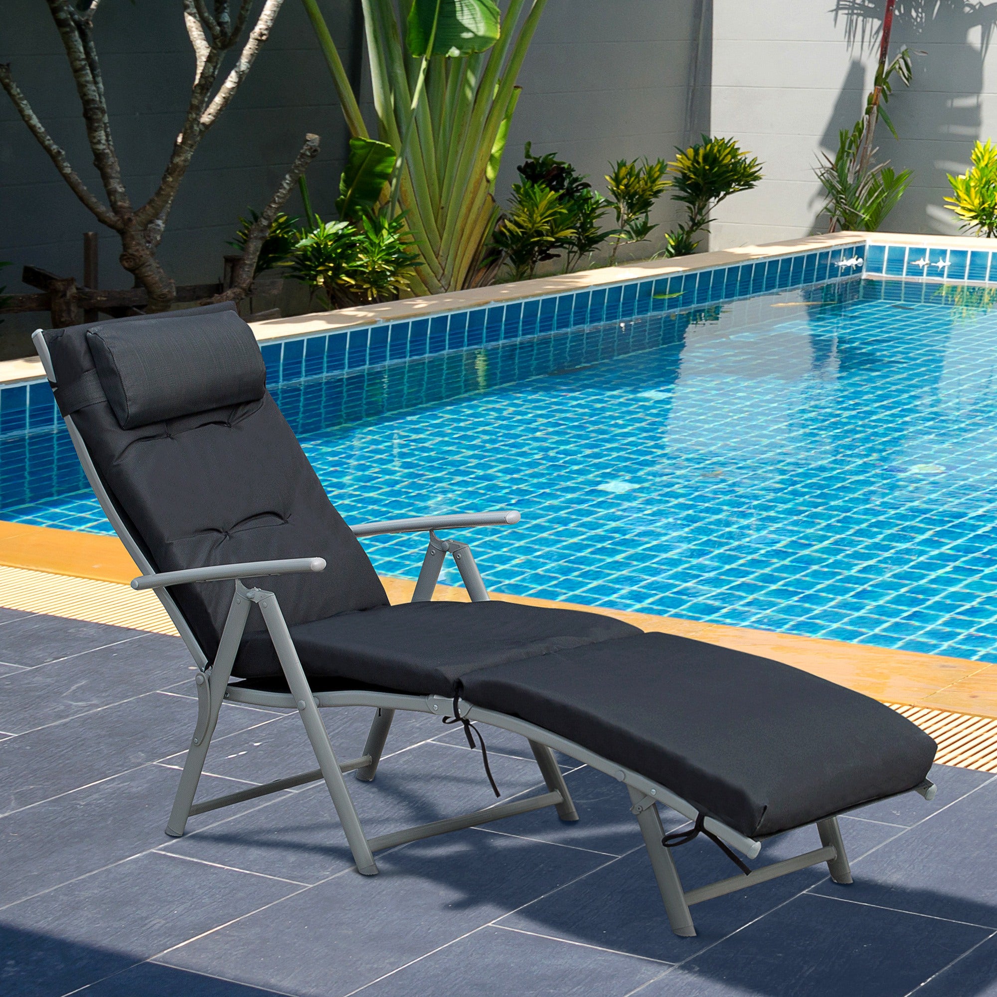 Outsunny Steel Frame Outdoor Garden Padded Sun Lounger w/ Pillow Black 