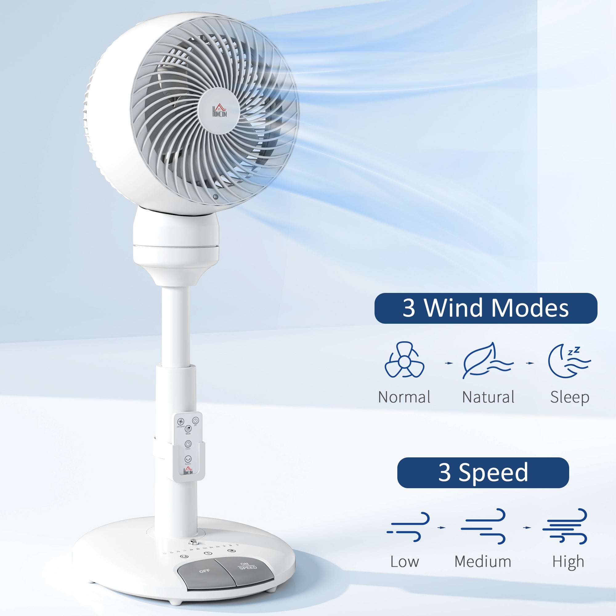 HOMCOM 9'' Air Circulator Fan 3 Speed 3 Mode, 70\'c2\'b0 Oscillation 90\'c2\'b0 Vertical Tilt, Height Adjustable, Remote Controller, for Living Room, Bedroom, Office, White