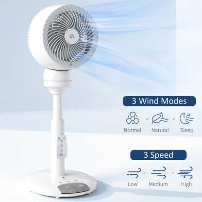 HOMCOM 9'' Air Circulator Fan 3 Speed 3 Mode, 70\'c2\'b0 Oscillation 90\'c2\'b0 Vertical Tilt, Height Adjustable, Remote Controller, for Living Room, Bedroom, Office, White