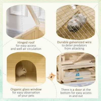 PawHut 3 Tier Wooden Large Hamster Cage with Sliding Tray, Seesaws, Water Bottle, Natural 