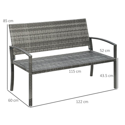 Outsunny 2 Seater Poly Rattan Garden Bench, All Weather Wicker Garden Loveseat, Outdoor Seating Bench with 240 Load Capacity, Backrest and Armrests for Patio, Terrace, Balcony, Grey 